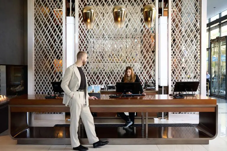 People at receptionist desk