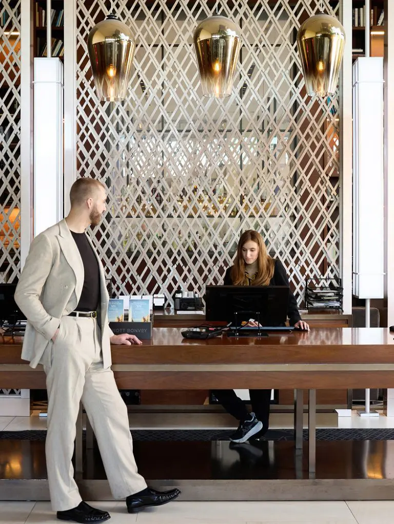People in a hotel lobby