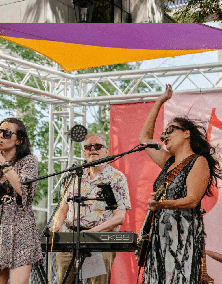 Band performing live on stage with keyboard and guitar, sunglasses, CK88 keyboard.