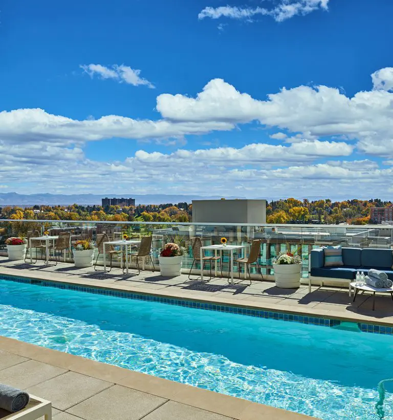 Rooftop pool with lounge chairs and city views under a bright blue sky. Perfect for planning your visit.