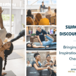 Wellness expo collage: yoga class, massage, seminar, happy shoppers. "Swag + Samples + Discounts + Drawings!