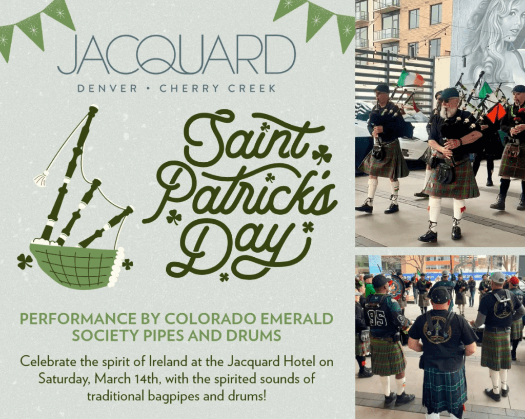 Bagpipers perform at the Jacquard Hotel for St. Patrick's Day; Colorado Emerald Society Pipes and Drums.