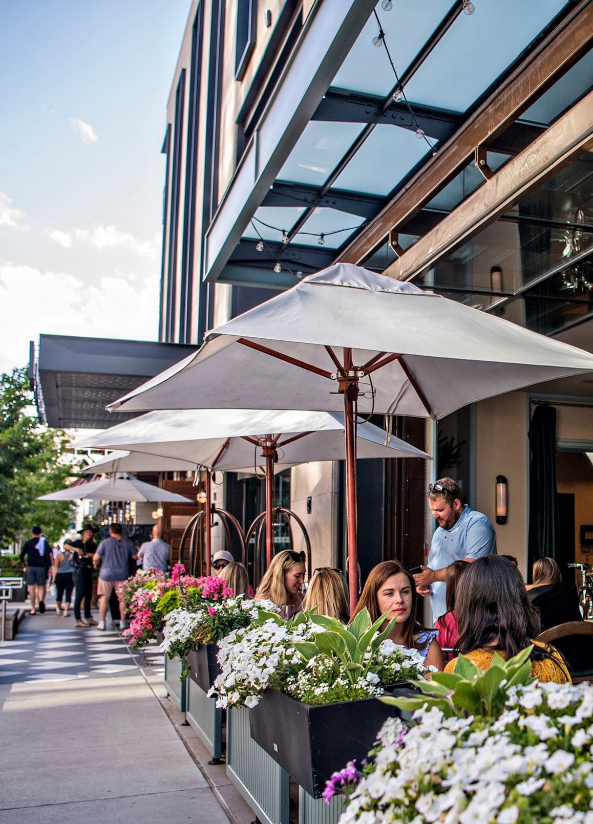 People eating on a patio