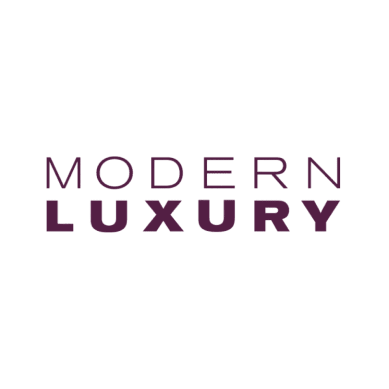 Modern Luxury logo with purple text on a black background.