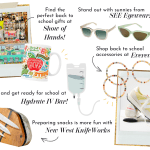 Back to school gift guide image: Gifts from Show of Hands, SEE Eyewear, Evereve, Hydrate IV Bar, and New West Knife Works.