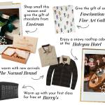 Collage of holiday gift ideas, including Enstrom chocolate, art, Halcyon Hotel, and The Normal Brand clothing.