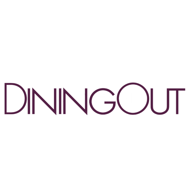 Dining Out logo with stacked text and overlapping letters in purple and white.