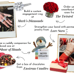 Valentine's Day gift guide: jewelry, roses, chocolates, and a snowman plushie.