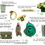 St. Patrick's Day gift guide: green highball glasses, jewelry, florals, trench coat, handbag, and Yeti mug.