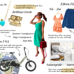 Eco-friendly shopping guide collage: jewelry, clothing, e-bikes, bedding, consignment shops, and recycling programs.
