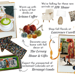October Trends Gift Guide collage: coffee, fall decor, art, and fashion.