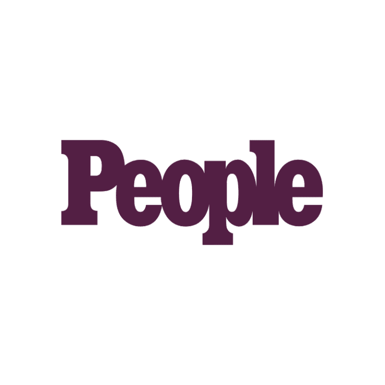 People magazine logo in purple against a black background.