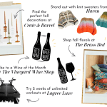 Fall gift guide image: Crate & Barrel fall decor, Haven knit sweaters, The Brass Bed florals, and wine subscriptions.