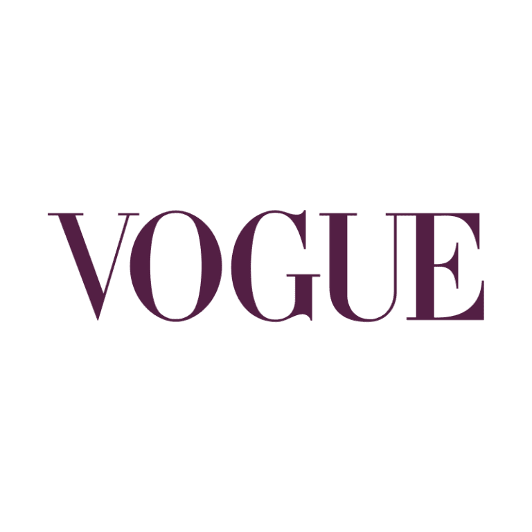 Vogue logo in purple against a black background.