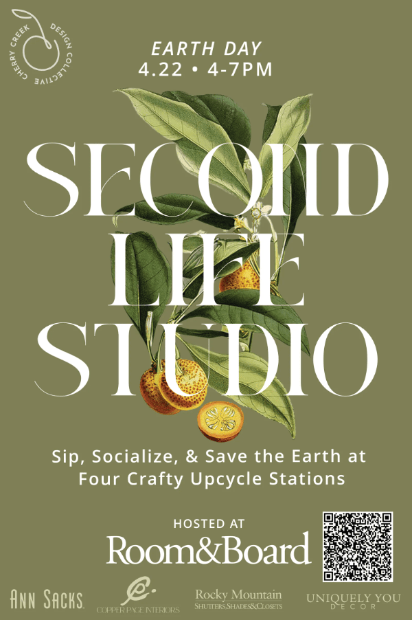 Second Life Studio Earth Day event poster with botanical illustration and event details.