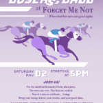 The Losers Ball at Forget Me Not event poster with horse racing illustration and party details.
